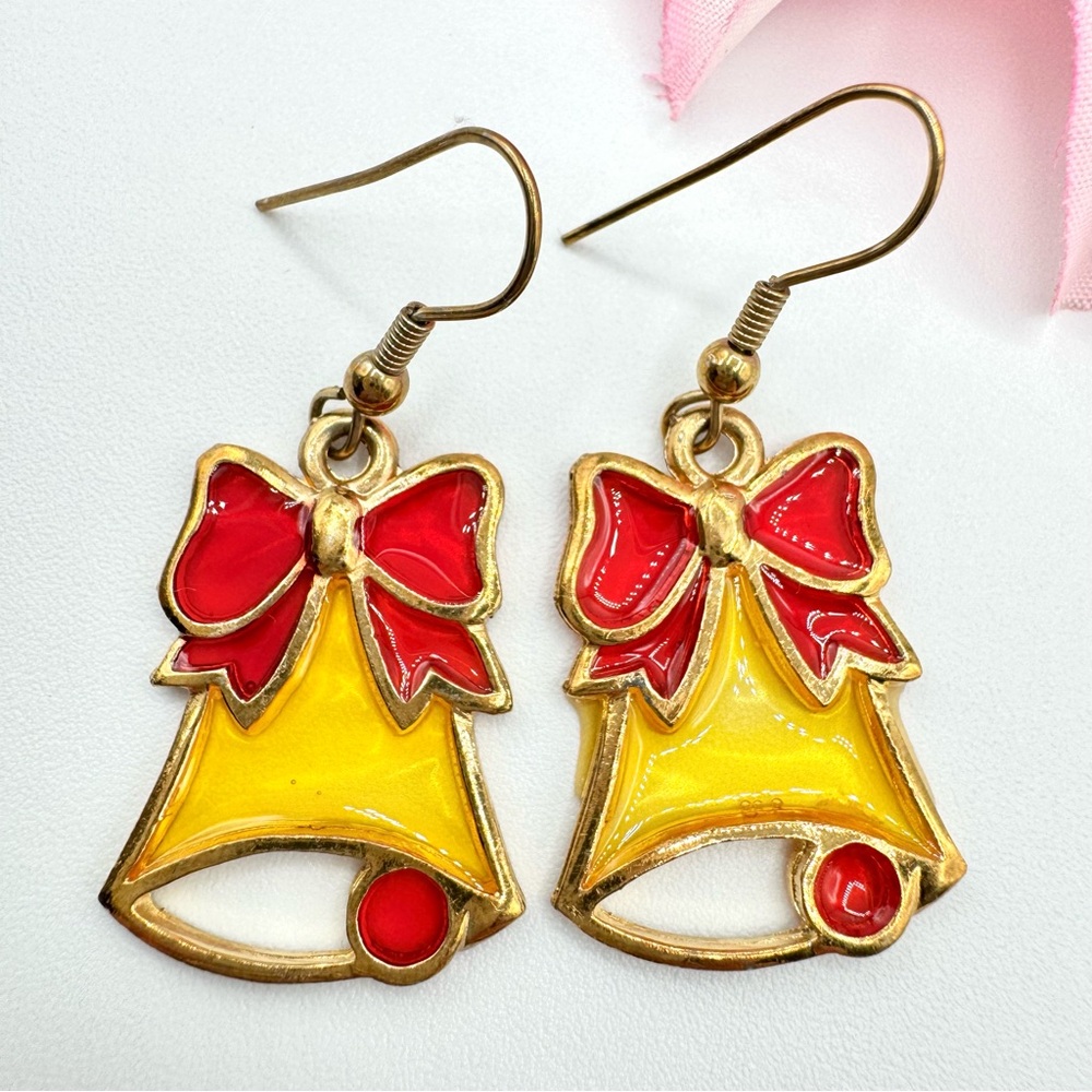 Vintage Plique A Jour Stained Glass Christmas Bell Dangle Earrings Holiday Fun